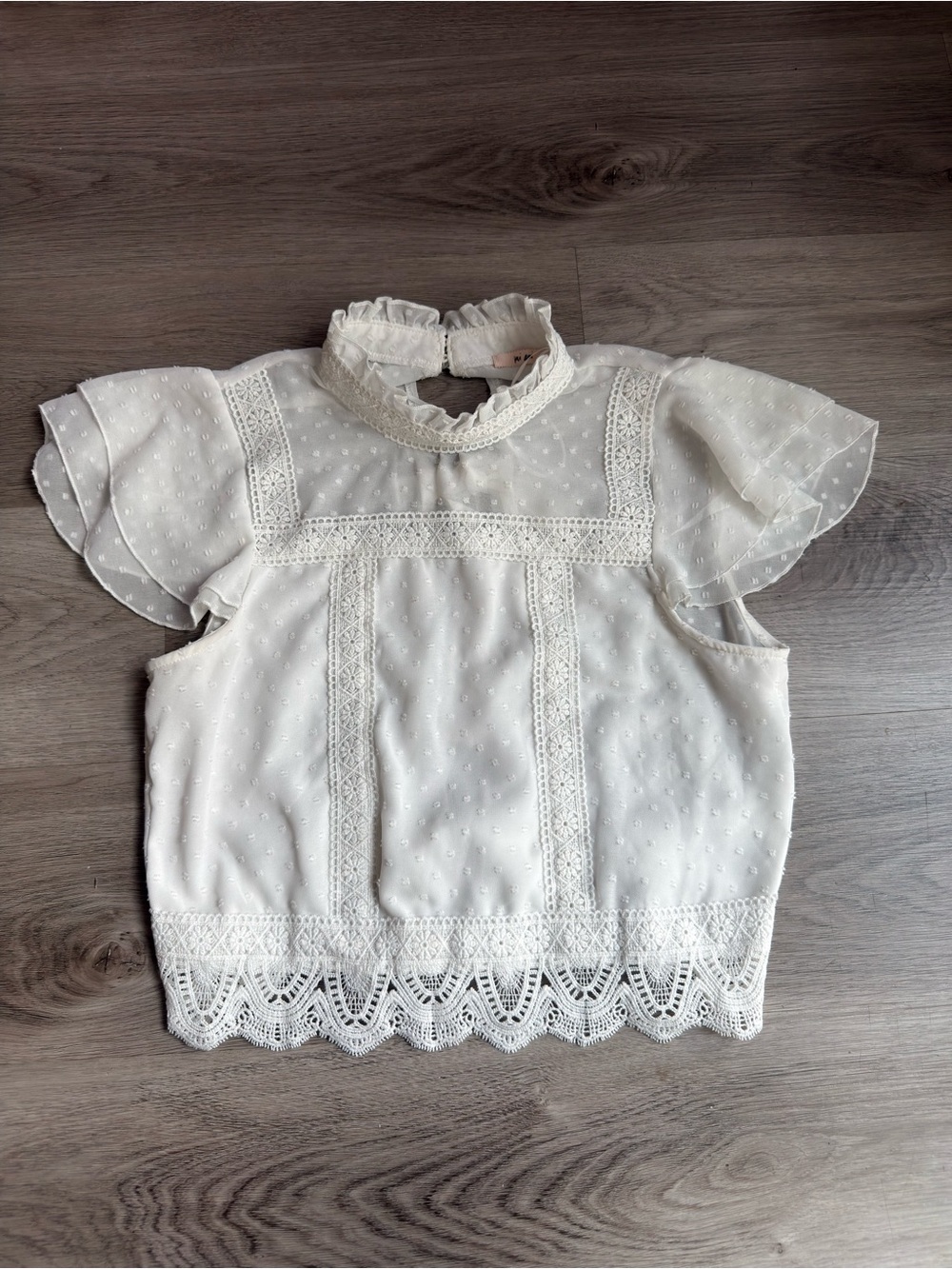 Mi Ami White Lace Swiss Dot Blouse M Open Tie Back Cottagecore